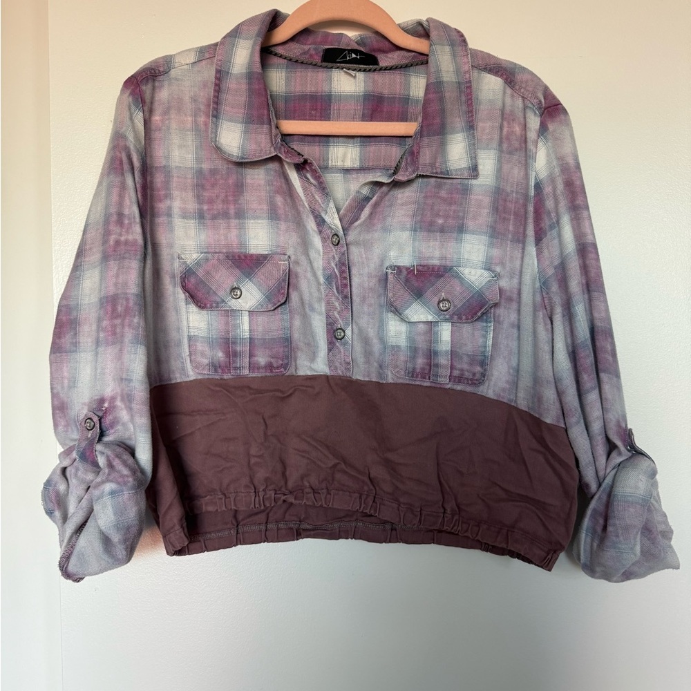 Unique Plaid Handmade Upcycled Button-Up Shirt with Rolled Sleeves